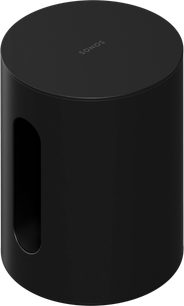 Sort mat cylindrisk "Sonos Sub Mini" højttaler, set forfra i let nedadgående vinkel med en oval åbning i midten