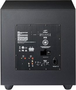 Paradigm Defiance X12 sort satineret subwoofer, set forfra, med stik, justeringer og synligt logo