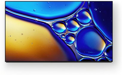 Телевизор с висока разделителна способност Sony BRAVIA 8 II K55XR8 черен, с екстратънка метална рамка и плосък стъклен екран, показващ абстрактен син и златист мотив, преден изглед