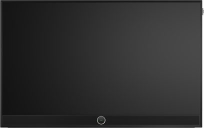 Loewe Stellar 65 DR+ televisie zwart, vooraanzicht, breed scherm met dunne rand en geperforeerde onderstrip