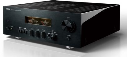 Yamaha A-S1200 black stereo hi-fi amplifier, front view, front panel with control buttons and knobs, digital display
