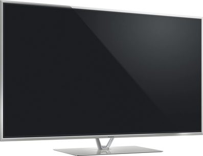 Panasonic TX-L60DT60E fladskærms-LED-TV, stor størrelse, set forfra, slukket, smal sølvfarvet ramme, på metalfod