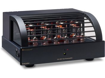Amplificator de putere PrimaLuna EVO 400 negru, vedere frontală, 20 de tuburi vizibile sub grilajul de protecție