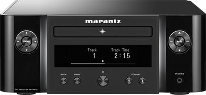 Sistema hi-fi Marantz MCR-612 nero, vista frontale, display digitale, pulsanti e manopole di controllo
