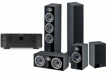 Комплект домашнього кінотеатру Focal і чорний AV-ресивер Marantz з підлоговими, центральною та компактними колонками
