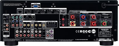 Onkyo TX-NR609 sort hjemmebiografsforstærker, frontpanel, mange stik og knapper, digitalt display, set forfra