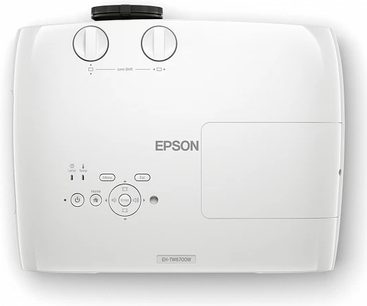 Epson EH-TW6700W hvid videoprojektor set forfra, med to justeringsknapper og et kontrolpanel øverst