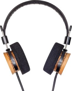 Avatud hifi-kõrvaklapid Grado RS2x, eestvaade, must peavõru, mustad ümmargused padjad, puidust korpused, mustad kaablid