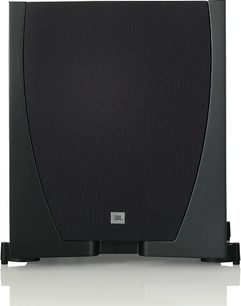 JBL SUB550P sort subwoofer i sort, set forfra, lodret rektangulær form, cirkulær centralhøjttaler, sort base