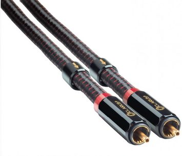 2 metre uzunluğunda, siyah silindirik iki konektörlü, altın kaplamalı uçlara ve siyah ve kırmızı örgülü kılıflara sahip analog RCA ses kablosu Clarus Crimson RCA