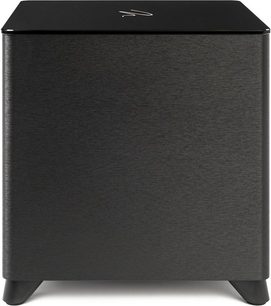 Subwoofer Dynamo Foundation 10 nero opaco, vista frontale, forma cubica, angoli arrotondati, piedini inclinati, superficie liscia
