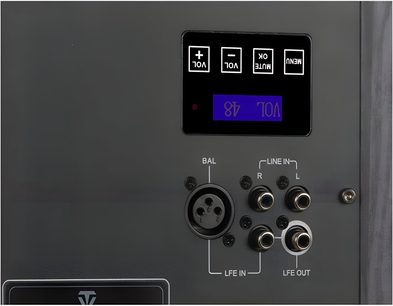 Tonewinner SW-D4000 subwoofer med grå bagplade med volumen-display, balanceret XLR og LFE RCA-indgange