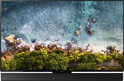 Panasonic TX-55FZ950E-tv, der viser en naturscene med bølger, der slår ind over klipper, med vegetation i forgrunden