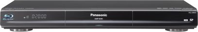 Panasonic DMP-BD85 4K Blu-ray-afspiller, set forfra, digitalt display, skinnende sort frontpanel, kontrolknapper på toppen