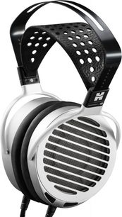 Åbent hi-fi hovedsæt Hifiman Shangri La Jr System, set forfra, perforeret metalrist på ørepuderne, sort hovedbøjle
