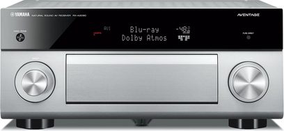 Front view of Yamaha RX-A2060 titanium home theater amplifier, blue display, front panel buttons and jacks