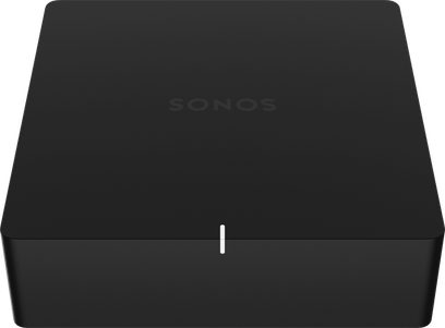 Netzwerk-Audioplayer Sonos Port in Schwarz, Draufsicht, rechteckige Form mit abgerundeten Ecken, Sonos-Logo in der Mitte