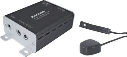 Trådløs sender Real Cable RC14IR med 4 RJ45-porte, 1 strømport og 1 infrarød sensor, set forfra