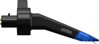 DJ-pladespillercelle Ortofon Concorde Music Blue, set fra venstre side, sort kabinet, blå translucent nål