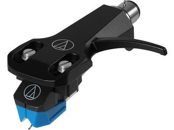 Audio Technica AT-VM95C/H phono cartridge on black headshell, blue stylus, three-quarter view