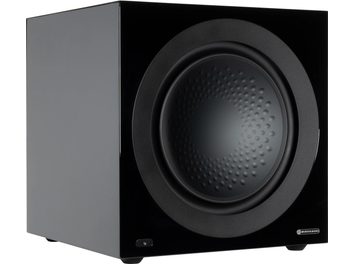 Касон за ниски честоти Monitor Audio Anthra W15 черен лакиран, преден изглед, кубична форма, централно кръгло високоговорително устройство