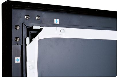 PrestiFlat 70233 (234 cm) Screen'up fast skærm, detaljeret visning fra øverste højre hjørne, sort ramme med blå pile