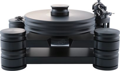 Платівка Transrotor Dark Star Reference RB880 у матовому чорному кольорі з масивного композитного матеріалу, вид спереду з легким нахилом зверху, з товстим круглим диском, центральним притискним грузиком, бічним ременем зліва, тонармом справа та трьома широкими циліндричними ногами, що забезпечують стійкість