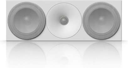Diffusore centrale Amphion Helium 520C bianco, vista frontale e laterale, 2 altoparlanti circolari, 1 tweeter centrale