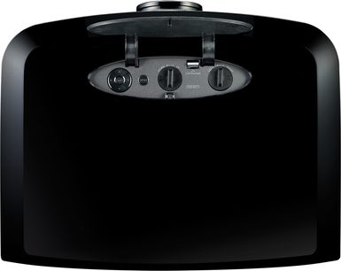 Optoma EX785 sort videoprojektor, set forfra, med tilslutningsporte og justeringsknap synlig på toppen