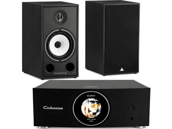 Cabasse hi-fi sistema su juodomis Triangle kolonėlėmis ir apvaliu ekranu centrinėje priekinėje dalyje
