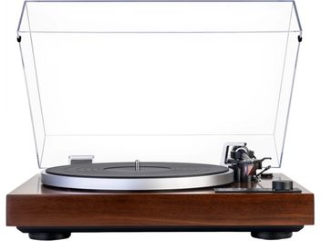 Gramofon Dual CS 529 BT WN w wykończeniu orzechowym, brązowa drewniana podstawa, srebrny metalowy talerz z czarną matą, czarne ramię po prawej stronie, uniesiona przezroczysta pokrywa, widok z przodu