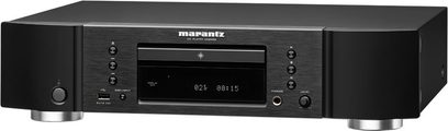 Reproductor de CD Marantz CD6006 negro, vista frontal, pantalla digital azul "02t 00:15", panel frontal de aluminio cepillado, botones y conexiones