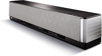 Yamaha YSP-3000 sort soundbar, set forfra, med metalrist på forsiden, indbygget LCD-skærm, porte på bagsiden