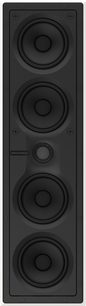 Zástěnný reproduktor Bowers & Wilkins CWM7.4 S2 v černé barvě, pohled zepředu, se 4 kruhovými reproduktory uspořádanými vertikálně