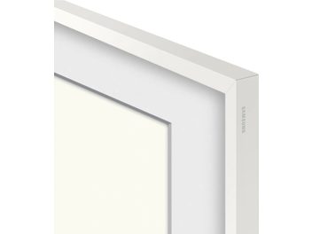 Samsung The Frame 55-inch white TV frame, thin matte bezel, close-up view of upper corner