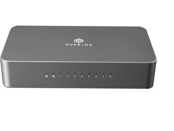 Switch e splitter Nuprime Omnia SW-8 grigio scuro metallizzato, vista frontale, 8 porte numerate da 0 a 8, logo Nuprime in alto al centro