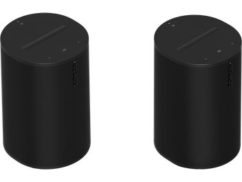 Két fekete Sonos Era 100 hangszóró fekete matt felülettel, előlről látható, fekete rácsokkal, a tetején lévő vezérlőelemekkel