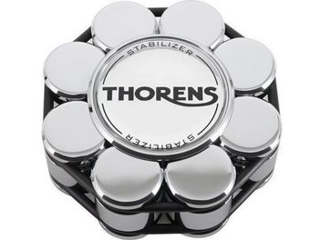 Paleta prensora para tocadiscos Thorens Estabilizador cromado, vista superior, superficie circular central con texto negro, contornos compuestos por varios elementos cilíndricos brillantes conectados por una estructura negra