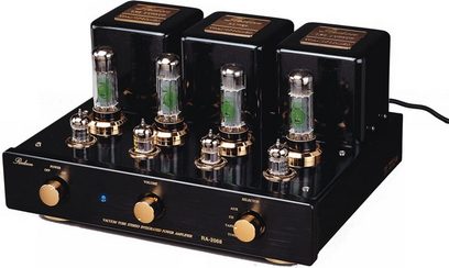 Redson RA-2068 sort hi-fi stereforstærker, frontvisning, 4 vakuumrør, 3 forgyldte drejeknapper, jackstik