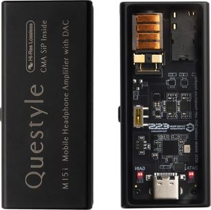 Hodetelefonforforsterker i høyoppløselig lydkvalitet M15i, front- og innvendig visning, rektangulært svart kabinett, synlige elektroniske kretser, USB-C-tilkoblinger