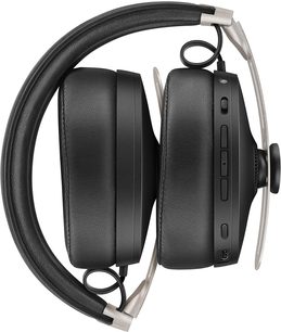 Černá bezdrátová sluchátka Sennheiser Momentum 3 circum-aurální, pohled z levého profilu, hlavový most a náušníky z černé kůže