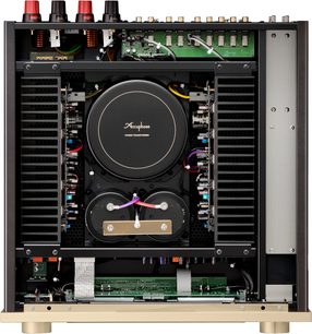 Integreret hi-fi stereo forstærker E-5000, indvendig visning, central cirkulær transformer, grønne printplader, røde og sorte stik
