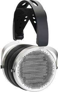 Hifiman HE600 atviras metalinis ausinių dangtis sidabrinės ir juodos spalvos, medaus išvaizdos tinkleliai, storas apmušalas, dvigubas lankas, šoninė vaizdo nuotrauka