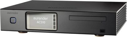 Aurender ACS10 high-fidelity CD-afspiller i sort, set forfra med central skærm og ventilationsåbninger på siderne