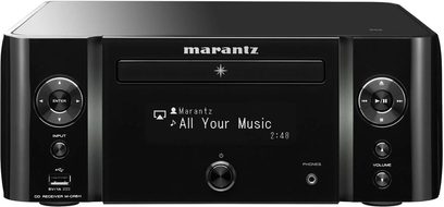 Kompakt lydsystem Marantz M-CR611 sort, plastikfront, LCD-skærm, knapper, USB-port, hovedtelefonstik