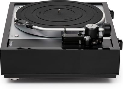 Thorens TD 1601 hi-fi turntable with TP 160 in black, front view from a slightly elevated angle, black lacquered base, circular black platter, silver tonearm with black base, cylindrical black adjustment knob, visible feet at the bottom