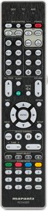 Télécommande Marantz RC045SR noire, vue de face, avec de nombreux boutons gris et rouges sur fond noir, et un écran LCD en haut