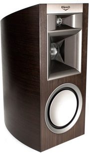 Klipsch P-17B bogreolhøjttaler i mørkt træ, espressofarve, frontvisning i nærbillede, rund sølvfarvet højttaler, fronthul