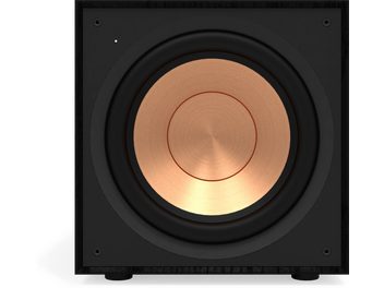 Klipsch R-101SW svart subwoofer, centralt kopparfärgat högtalarelement, framsida, mörkt golv