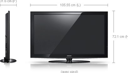 Samsung PS42B451 sort fladskærms-TV, 42 tommer, frontvisning med dimensioner, på fod